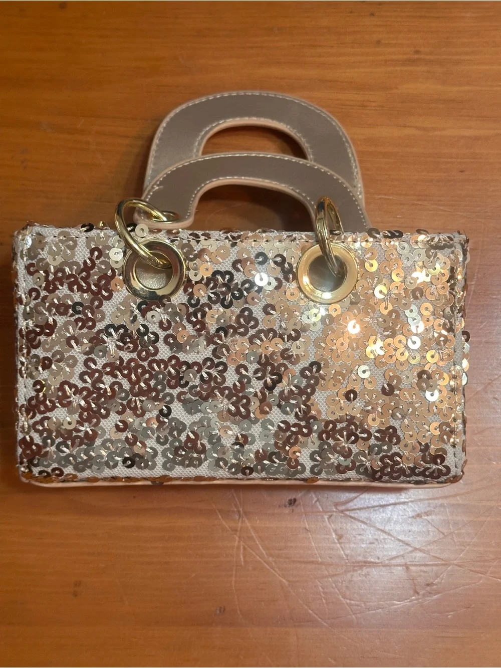 ✨ Girls Champagne Sequin Mini Handbag Pearl Handle Crossbody Strap New